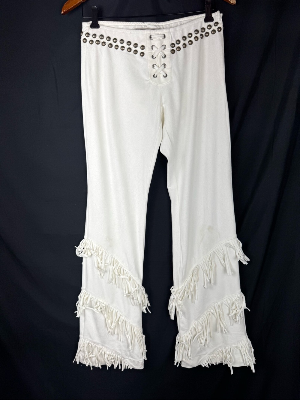Double D Ranch Western Fringe Pants Womens 4 Off White Lace Up Grommet Cowgirl